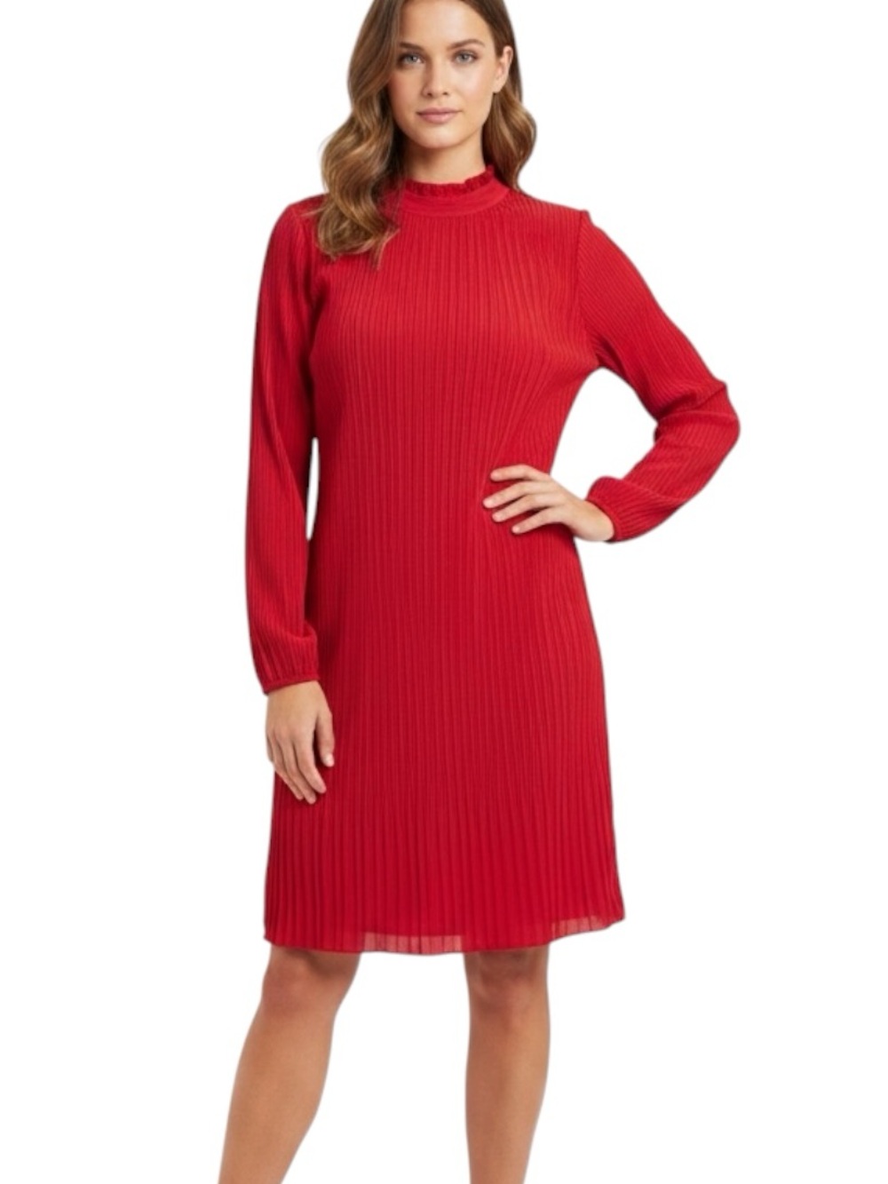 Chelsea28 Sz XL Red Ribbed Accordion Pleats Long-Sleeve Shift Dress Like New